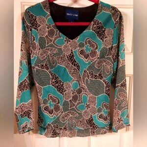Nwot - Tracy Lynn teal and black long sheer sleeves top size 8